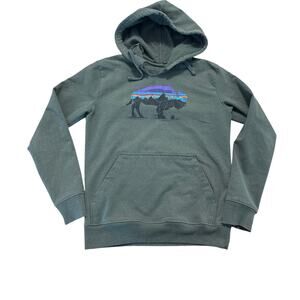 Patagonia Mens Uprisal Hoodie Size XS Green Buffalo Bison Print Logo Sweatshirt